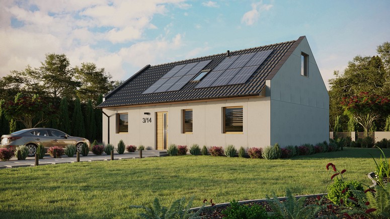 Projekt ERDOL 3 - Wersja lewa (salon po lewej stronie) - Dwuspadowy nowoczesny z poddaszem użytkowym – kąt nachylenia 35 stopni - Dwa okna dachowe pokojowe i okno dachowe łazienkowe - Okna standardowe - Bez styropianu, siatki i kleju - Winchester - Instalacja fotowoltaiczna 4,8 kWp (12 paneli)