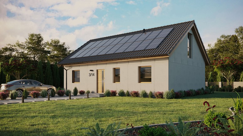 Projekt ERDOL 3 - Wersja lewa (salon po lewej stronie) - Dwuspadowy z poddaszem użytkowym – kąt nachylenia 35 stopni - Bez okien/świetlików dachowych - Okno balkonowe w jadalni i okna na poddaszu do podłogi - Bez styropianu, siatki i kleju - Winchester - Instalacja fotowoltaiczna 8,0 kWp (20 paneli)