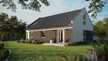 Projekt ERDOL 3 - Wersja lewa (salon po lewej stronie) - Dwuspadowy nowoczesny z poddaszem użytkowym – kąt nachylenia 35 stopni - Okno dachowe pokojowe i łazienkowe - Okno balkonowe w jadalni i okna na poddaszu do podłogi - Styropian, siatka i klej - Biały - Bez instalacji fotowoltaicznej