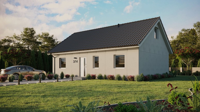 Projekt ERDOL 3 - Wersja lewa (salon po lewej stronie) - Dwuspadowy z poddaszem użytkowym – kąt nachylenia 35 stopni - Dwa okna dachowe pokojowe - Okna standardowe - Bez styropianu, siatki i kleju - Biały - Bez instalacji fotowoltaicznej