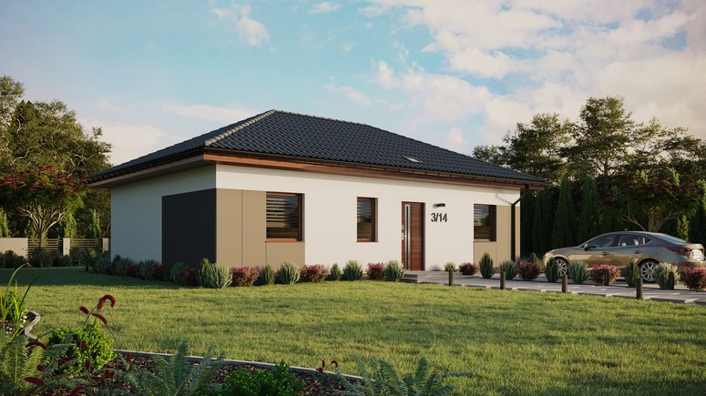 Projekt ERDOL 3 - Wersja prawa (salon po prawej stronie) - Czterospadowy bez poddasza użytkowego – kąt nachylenia 25 stopni - Świetlik dachowy - Okna standardowe - Styropian, siatka i klej - Orzech