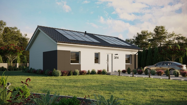 Projekt ERDOL 3 - Wersja prawa (salon po prawej stronie) - Dwuspadowy bez poddasza użytkowego – kąt nachylenia 25 stopni - Bez okien/świetlików dachowych - Okna standardowe - Styropian, siatka i klej - Biały - Instalacja fotowoltaiczna 6,4 kWp (16 paneli)