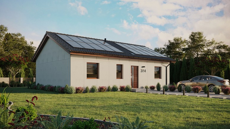 Projekt ERDOL 3 - Wersja prawa (salon po prawej stronie) - Dwuspadowy bez poddasza użytkowego – kąt nachylenia 25 stopni - Świetlik dachowy - Okna standardowe - Bez styropianu, siatki i kleju - Orzech - Instalacja fotowoltaiczna 8,0 kWp (20 paneli)