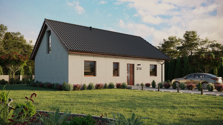 Projekt ERDOL 3 - Wersja prawa (salon po prawej stronie) - Dwuspadowy z poddaszem użytkowym – kąt nachylenia 35 stopni - Bez okien/świetlików dachowych - Okno balkonowe w jadalni i okna na poddaszu do podłogi - Bez styropianu, siatki i kleju - Orzech - Bez instalacji fotowoltaicznej