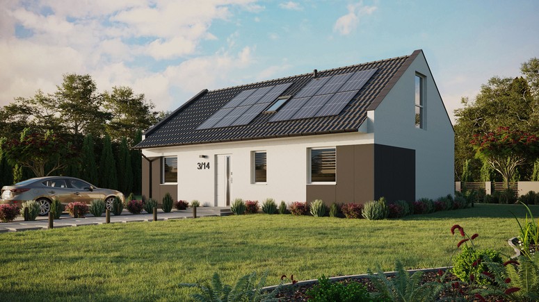 Projekt ERDOL 3 - Wersja lewa (salon po lewej stronie) - Dwuspadowy nowoczesny z poddaszem użytkowym – kąt nachylenia 35 stopni - Okno dachowe pokojowe i łazienkowe - Okno balkonowe w jadalni i okna na poddaszu do podłogi - Styropian, siatka i klej - Biały - Instalacja fotowoltaiczna 4,8 kWp (12 paneli)