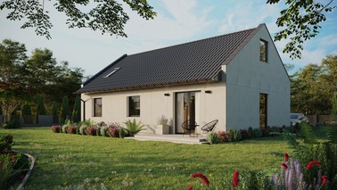 Projekt ERDOL 3 - Wersja lewa (salon po lewej stronie) - Dwuspadowy nowoczesny z poddaszem użytkowym – kąt nachylenia 35 stopni - Okno dachowe pokojowe i łazienkowe - Okno balkonowe w jadalni - Bez styropianu, siatki i kleju - Antracyt - Bez instalacji fotowoltaicznej