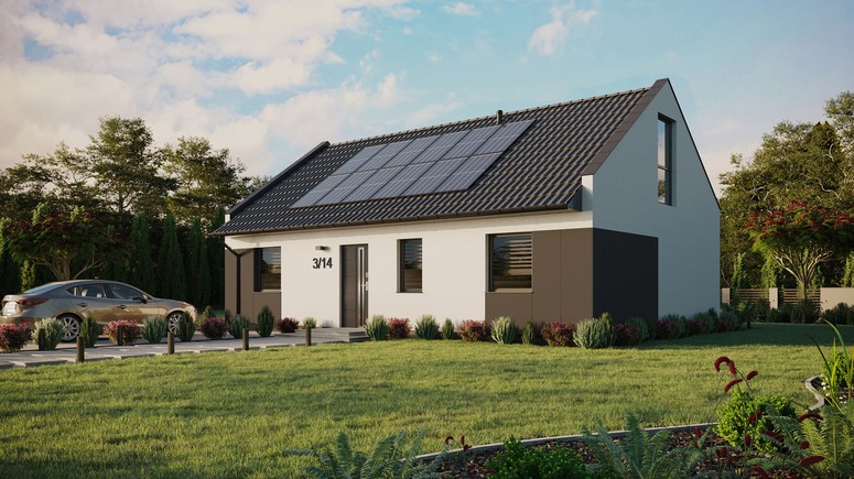 Projekt ERDOL 3 - Wersja lewa (salon po lewej stronie) - Dwuspadowy nowoczesny z poddaszem użytkowym – kąt nachylenia 35 stopni - Bez okien/świetlików dachowych - Okna na poddaszu do podłogi - Styropian, siatka i klej - Antracyt - Instalacja fotowoltaiczna 4,8 kWp (12 paneli)