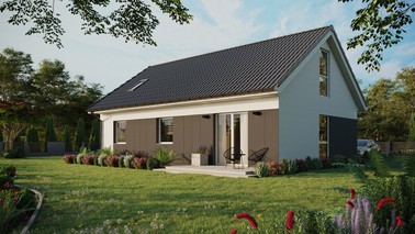 Projekt ERDOL 3 - Wersja lewa (salon po lewej stronie) - Dwuspadowy z poddaszem użytkowym – kąt nachylenia 35 stopni - Okno dachowe pokojowe i łazienkowe - Okno balkonowe w jadalni i okna na poddaszu do podłogi - Styropian, siatka i klej - Biały - Bez instalacji fotowoltaicznej