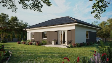 Projekt ERDOL 3 - Wersja lewa (salon po lewej stronie) - Czterospadowy bez poddasza użytkowego – kąt nachylenia 25 stopni - Bez okien/świetlików dachowych - Okna standardowe - Styropian, siatka i klej - Biały