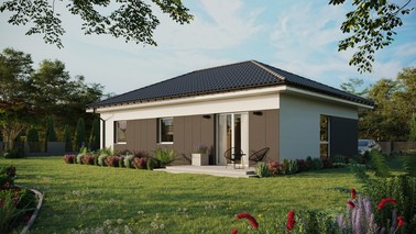 Projekt ERDOL 3 - Wersja lewa (salon po lewej stronie) - Czterospadowy bez poddasza użytkowego – kąt nachylenia 25 stopni - Bez okien/świetlików dachowych - Okno balkonowe w jadalni - Styropian, siatka i klej - Biały