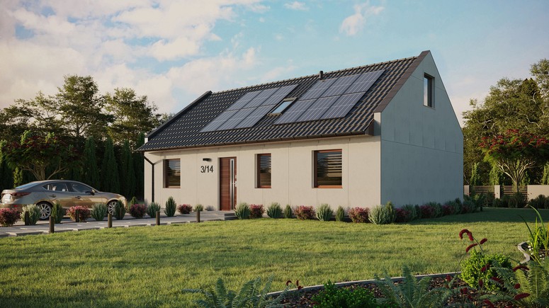 Projekt ERDOL 3 - Wersja lewa (salon po lewej stronie) - Dwuspadowy nowoczesny z poddaszem użytkowym – kąt nachylenia 35 stopni - Dwa okna dachowe pokojowe i okno dachowe łazienkowe - Okno balkonowe w jadalni - Bez styropianu, siatki i kleju - Orzech - Instalacja fotowoltaiczna 4,8 kWp (12 paneli)