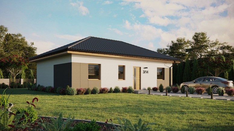 Projekt ERDOL 3 - Wersja prawa (salon po prawej stronie) - Czterospadowy bez poddasza użytkowego – kąt nachylenia 25 stopni - Bez okien/świetlików dachowych - Okna standardowe - Styropian, siatka i klej - Winchester