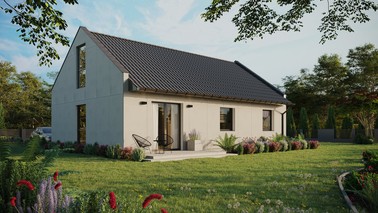 Projekt ERDOL 3 - Wersja prawa (salon po prawej stronie) - Dwuspadowy nowoczesny z poddaszem użytkowym – kąt nachylenia 35 stopni - Bez okien/świetlików dachowych - Okno balkonowe w jadalni i okna na poddaszu do podłogi - Bez styropianu, siatki i kleju - Antracyt - Bez instalacji fotowoltaicznej