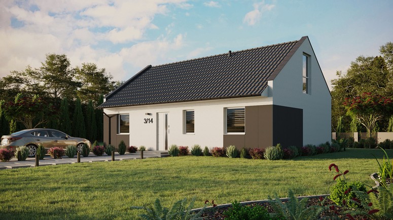 Projekt ERDOL 3 - Wersja lewa (salon po lewej stronie) - Dwuspadowy nowoczesny z poddaszem użytkowym – kąt nachylenia 35 stopni - Bez okien/świetlików dachowych - Okno balkonowe w jadalni i okna na poddaszu do podłogi - Styropian, siatka i klej - Biały - Bez instalacji fotowoltaicznej