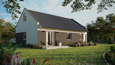 Projekt ERDOL 3 - Wersja prawa (salon po prawej stronie) - Dwuspadowy nowoczesny z poddaszem użytkowym – kąt nachylenia 35 stopni - Bez okien/świetlików dachowych - Okna standardowe - Styropian, siatka i klej - Biały - Bez instalacji fotowoltaicznej