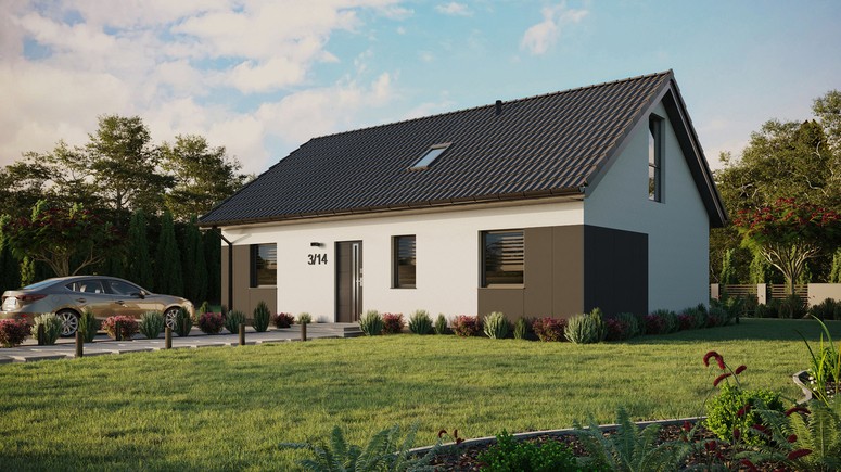 Projekt ERDOL 3 - Wersja lewa (salon po lewej stronie) - Dwuspadowy z poddaszem użytkowym – kąt nachylenia 35 stopni - Okno dachowe pokojowe i łazienkowe - Okna na poddaszu do podłogi - Styropian, siatka i klej - Antracyt - Bez instalacji fotowoltaicznej