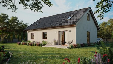 Projekt ERDOL 3 - Wersja lewa (salon po lewej stronie) - Dwuspadowy z poddaszem użytkowym – kąt nachylenia 35 stopni - Dwa okna dachowe pokojowe - Okno balkonowe w jadalni - Bez styropianu, siatki i kleju - Orzech - Bez instalacji fotowoltaicznej