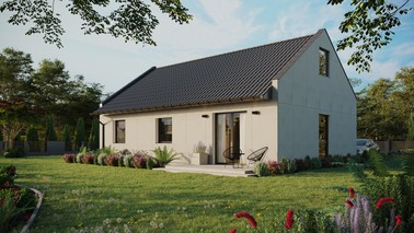 Projekt ERDOL 3 - Wersja lewa (salon po lewej stronie) - Dwuspadowy nowoczesny z poddaszem użytkowym – kąt nachylenia 35 stopni - Bez okien/świetlików dachowych - Okno balkonowe w jadalni - Bez styropianu, siatki i kleju - Antracyt - Bez instalacji fotowoltaicznej