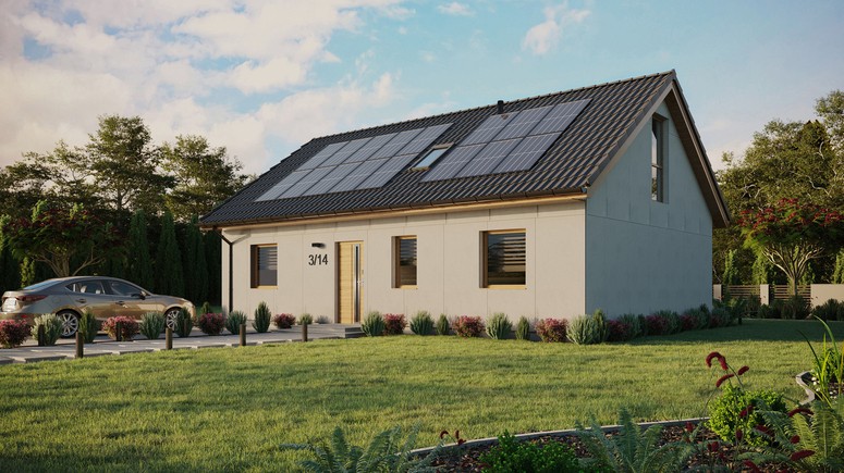 Projekt ERDOL 3 - Wersja lewa (salon po lewej stronie) - Dwuspadowy z poddaszem użytkowym – kąt nachylenia 35 stopni - Okno dachowe pokojowe i łazienkowe - Okno balkonowe w jadalni i okna na poddaszu do podłogi - Bez styropianu, siatki i kleju - Winchester - Instalacja fotowoltaiczna 6,4 kWp (16 paneli)