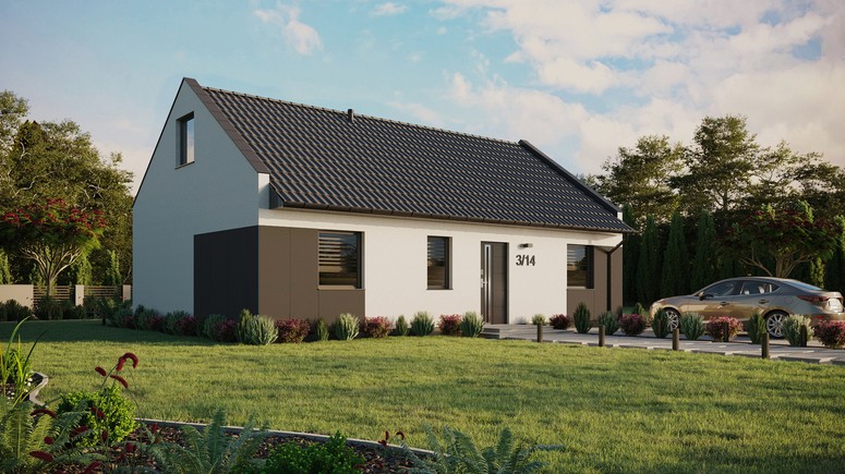 Projekt ERDOL 3 - Wersja prawa (salon po prawej stronie) - Dwuspadowy nowoczesny z poddaszem użytkowym – kąt nachylenia 35 stopni - Bez okien/świetlików dachowych - Okna standardowe - Styropian, siatka i klej - Antracyt - Bez instalacji fotowoltaicznej