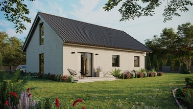 Projekt ERDOL 3 - Wersja prawa (salon po prawej stronie) - Dwuspadowy z poddaszem użytkowym – kąt nachylenia 35 stopni - Bez okien/świetlików dachowych - Okno balkonowe w jadalni i okna na poddaszu do podłogi - Bez styropianu, siatki i kleju - Antracyt - Bez instalacji fotowoltaicznej