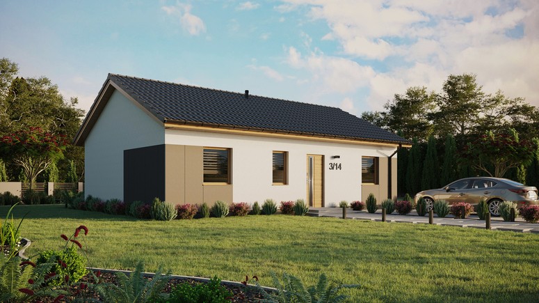 Projekt ERDOL 3 - Wersja prawa (salon po prawej stronie) - Dwuspadowy bez poddasza użytkowego – kąt nachylenia 25 stopni - Bez okien/świetlików dachowych - Okna standardowe - Styropian, siatka i klej - Winchester - Bez instalacji fotowoltaicznej