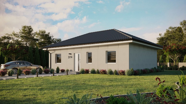 Projekt ERDOL 3 - Wersja lewa (salon po lewej stronie) - Czterospadowy bez poddasza użytkowego – kąt nachylenia 25 stopni - Bez okien/świetlików dachowych - Okna standardowe - Bez styropianu, siatki i kleju - Biały