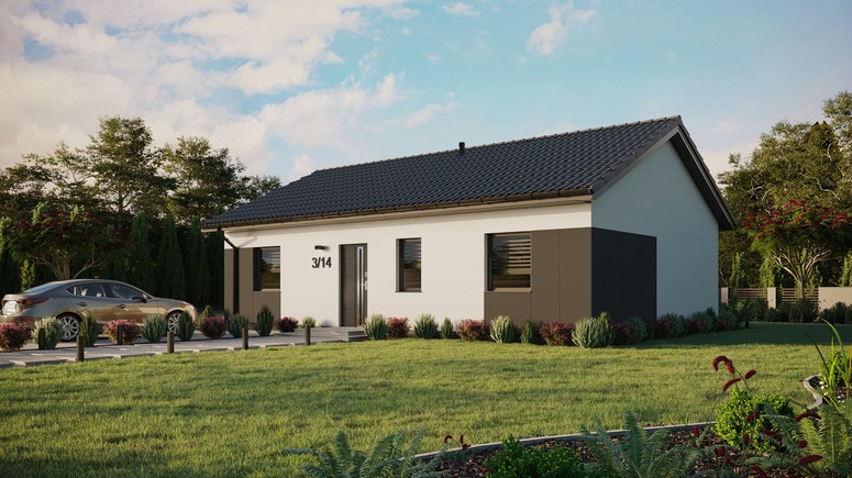 Projekt ERDOL 3 - Wersja lewa (salon po lewej stronie) - Dwuspadowy bez poddasza użytkowego – kąt nachylenia 25 stopni - Bez okien/świetlików dachowych - Okna standardowe - Styropian, siatka i klej - Antracyt - Bez instalacji fotowoltaicznej