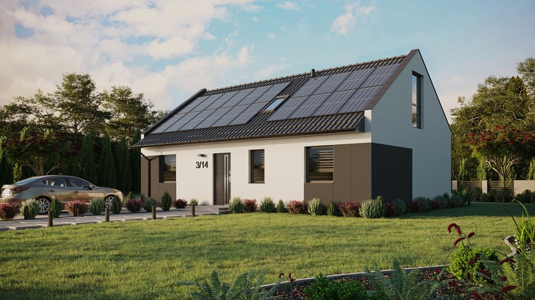 Projekt ERDOL 3 - Wersja lewa (salon po lewej stronie) - Dwuspadowy nowoczesny z poddaszem użytkowym – kąt nachylenia 35 stopni - Dwa okna dachowe pokojowe i okno dachowe łazienkowe - Okna na poddaszu do podłogi - Styropian, siatka i klej - Antracyt - Instalacja fotowoltaiczna 8,0 kWp (20 paneli)