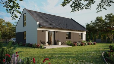 Projekt ERDOL 3 - Wersja prawa (salon po prawej stronie) - Dwuspadowy nowoczesny z poddaszem użytkowym – kąt nachylenia 35 stopni - Bez okien/świetlików dachowych - Okna na poddaszu do podłogi - Styropian, siatka i klej - Antracyt - Bez instalacji fotowoltaicznej