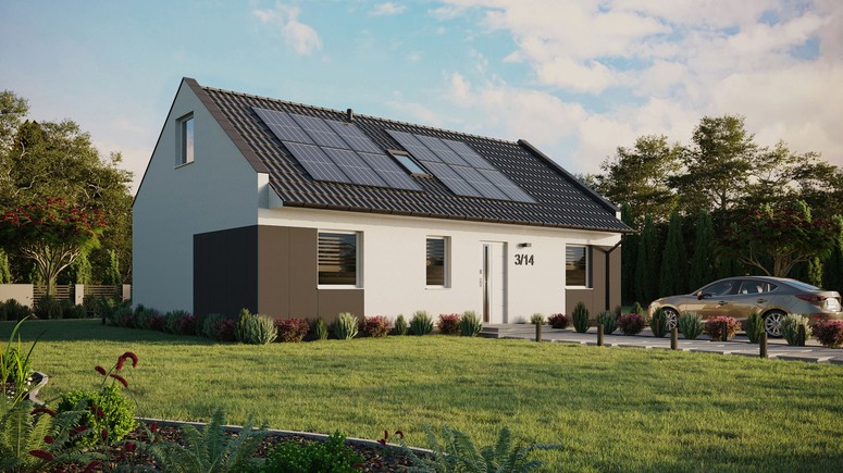 Projekt ERDOL 3 - Wersja prawa (salon po prawej stronie) - Dwuspadowy nowoczesny z poddaszem użytkowym – kąt nachylenia 35 stopni - Okno dachowe pokojowe i łazienkowe - Okna standardowe - Styropian, siatka i klej - Biały - Instalacja fotowoltaiczna 4,8 kWp (12 paneli)