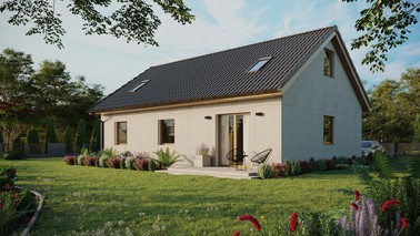 Projekt ERDOL 3 - Wersja lewa (salon po lewej stronie) - Dwuspadowy z poddaszem użytkowym – kąt nachylenia 35 stopni - Dwa okna dachowe pokojowe - Okna standardowe - Bez styropianu, siatki i kleju - Winchester - Bez instalacji fotowoltaicznej