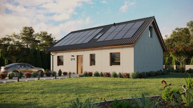 Projekt ERDOL 3 - Wersja lewa (salon po lewej stronie) - Dwuspadowy z poddaszem użytkowym – kąt nachylenia 35 stopni - Okno dachowe pokojowe i łazienkowe - Okna standardowe - Bez styropianu, siatki i kleju - Złoty dąb - Instalacja fotowoltaiczna 8,0 kWp (20 paneli)