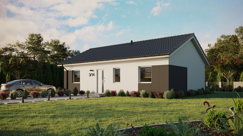 Projekt ERDOL 3 - Wersja lewa (salon po lewej stronie) - Dwuspadowy bez poddasza użytkowego – kąt nachylenia 25 stopni - Bez okien/świetlików dachowych - Okna standardowe - Styropian, siatka i klej - Biały - Bez instalacji fotowoltaicznej