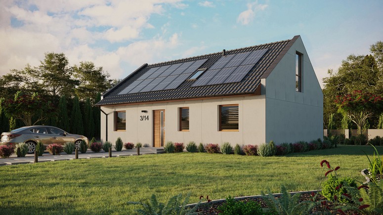 Projekt ERDOL 3 - Wersja lewa (salon po lewej stronie) - Dwuspadowy nowoczesny z poddaszem użytkowym – kąt nachylenia 35 stopni - Dwa okna dachowe pokojowe i okno dachowe łazienkowe - Okna na poddaszu do podłogi - Bez styropianu, siatki i kleju - Złoty dąb - Instalacja fotowoltaiczna 6,4 kWp (16 paneli)