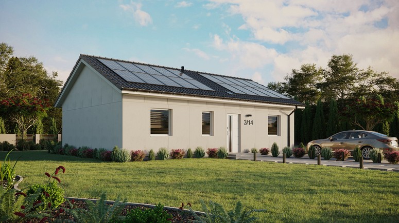 Projekt ERDOL 3 - Wersja prawa (salon po prawej stronie) - Dwuspadowy bez poddasza użytkowego – kąt nachylenia 25 stopni - Świetlik dachowy - Okna standardowe - Bez styropianu, siatki i kleju - Biały - Instalacja fotowoltaiczna 8,0 kWp (20 paneli)