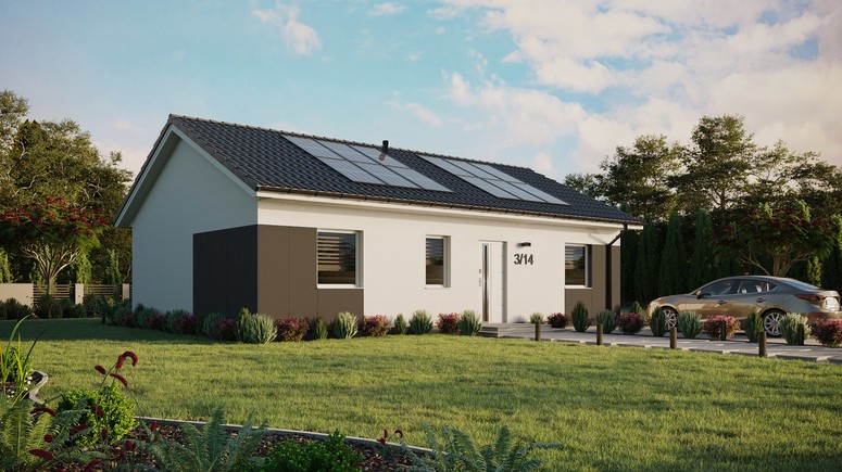 Projekt ERDOL 3 - Wersja prawa (salon po prawej stronie) - Dwuspadowy bez poddasza użytkowego – kąt nachylenia 25 stopni - Bez okien/świetlików dachowych - Okna standardowe - Styropian, siatka i klej - Biały - Instalacja fotowoltaiczna 4,8 kWp (12 paneli)