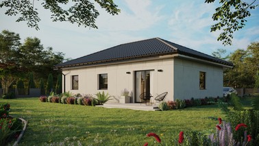 Projekt ERDOL 3 - Wersja lewa (salon po lewej stronie) - Czterospadowy bez poddasza użytkowego – kąt nachylenia 25 stopni - Bez okien/świetlików dachowych - Okna standardowe - Bez styropianu, siatki i kleju - Antracyt