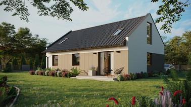 Projekt ERDOL 3 - Wersja lewa (salon po lewej stronie) - Dwuspadowy nowoczesny z poddaszem użytkowym – kąt nachylenia 35 stopni - Dwa okna dachowe pokojowe - Okna na poddaszu do podłogi - Styropian, siatka i klej - Orzech - Bez instalacji fotowoltaicznej