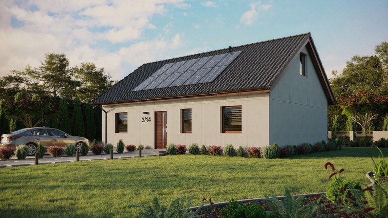 Projekt ERDOL 3 - Wersja lewa (salon po lewej stronie) - Dwuspadowy z poddaszem użytkowym – kąt nachylenia 35 stopni - Dwa okna dachowe pokojowe - Okna standardowe - Bez styropianu, siatki i kleju - Orzech - Instalacja fotowoltaiczna 4,8 kWp (12 paneli)