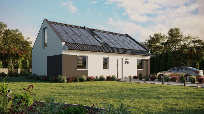 Projekt ERDOL 3 - Wersja prawa (salon po prawej stronie) - Dwuspadowy nowoczesny z poddaszem użytkowym – kąt nachylenia 35 stopni - Okno dachowe pokojowe i łazienkowe - Okna na poddaszu do podłogi - Styropian, siatka i klej - Biały - Instalacja fotowoltaiczna 8,0 kWp (20 paneli)