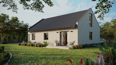 Projekt ERDOL 3 - Wersja lewa (salon po lewej stronie) - Dwuspadowy nowoczesny z poddaszem użytkowym – kąt nachylenia 35 stopni - Bez okien/świetlików dachowych - Okna na poddaszu do podłogi - Bez styropianu, siatki i kleju - Antracyt - Bez instalacji fotowoltaicznej