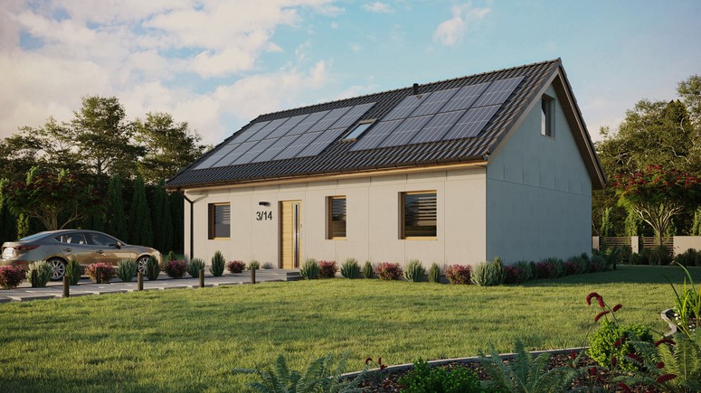 Projekt ERDOL 3 - Wersja lewa (salon po lewej stronie) - Dwuspadowy z poddaszem użytkowym – kąt nachylenia 35 stopni - Okno dachowe pokojowe i łazienkowe - Okno balkonowe w jadalni - Bez styropianu, siatki i kleju - Winchester - Instalacja fotowoltaiczna 8,0 kWp (20 paneli)