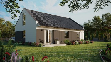 Projekt ERDOL 3 - Wersja prawa (salon po prawej stronie) - Dwuspadowy nowoczesny z poddaszem użytkowym – kąt nachylenia 35 stopni - Bez okien/świetlików dachowych - Okna na poddaszu do podłogi - Styropian, siatka i klej - Biały - Bez instalacji fotowoltaicznej