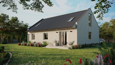 Projekt ERDOL 3 - Wersja lewa (salon po lewej stronie) - Dwuspadowy nowoczesny z poddaszem użytkowym – kąt nachylenia 35 stopni - Dwa okna dachowe pokojowe i okno dachowe łazienkowe - Okna na poddaszu do podłogi - Bez styropianu, siatki i kleju - Biały - Bez instalacji fotowoltaicznej