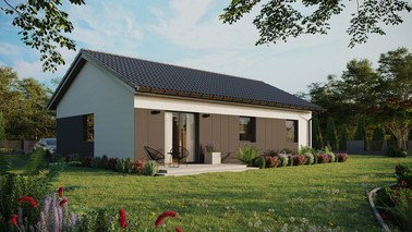 Projekt ERDOL 3 - Wersja prawa (salon po prawej stronie) - Dwuspadowy bez poddasza użytkowego – kąt nachylenia 25 stopni - Bez okien/świetlików dachowych - Okna standardowe - Styropian, siatka i klej - Antracyt - Bez instalacji fotowoltaicznej