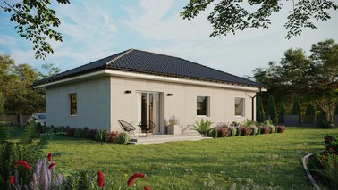 Projekt ERDOL 3 - Wersja prawa (salon po prawej stronie) - Czterospadowy bez poddasza użytkowego – kąt nachylenia 25 stopni - Bez okien/świetlików dachowych - Okna standardowe - Bez styropianu, siatki i kleju - Biały