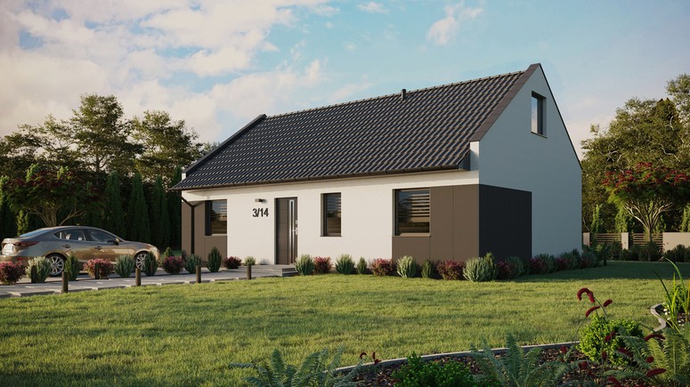 Projekt ERDOL 3 - Wersja lewa (salon po lewej stronie) - Dwuspadowy nowoczesny z poddaszem użytkowym – kąt nachylenia 35 stopni - Bez okien/świetlików dachowych - Okna standardowe - Styropian, siatka i klej - Antracyt - Bez instalacji fotowoltaicznej