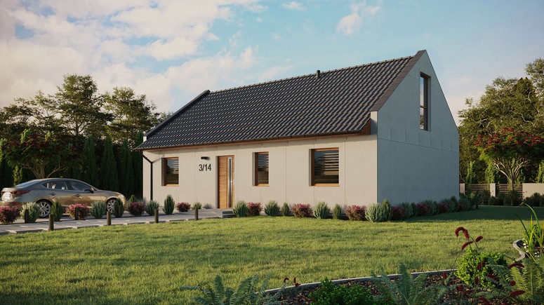 Projekt ERDOL 3 - Wersja lewa (salon po lewej stronie) - Dwuspadowy nowoczesny z poddaszem użytkowym – kąt nachylenia 35 stopni - Dwa okna dachowe pokojowe - Okno balkonowe w jadalni i okna na poddaszu do podłogi - Bez styropianu, siatki i kleju - Złoty dąb - Bez instalacji fotowoltaicznej