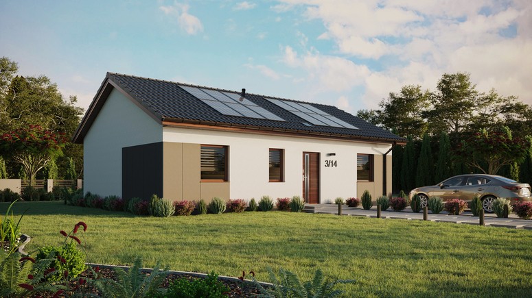Projekt ERDOL 3 - Wersja prawa (salon po prawej stronie) - Dwuspadowy bez poddasza użytkowego – kąt nachylenia 25 stopni - Świetlik dachowy - Okna standardowe - Styropian, siatka i klej - Orzech - Instalacja fotowoltaiczna 4,8 kWp (12 paneli)